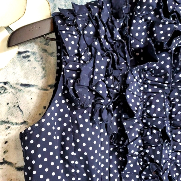 DS by Debbie Shuchat | Retro Style Navy Blue and White Polka Dot Ruffled Blouse - Picture 4 of 9